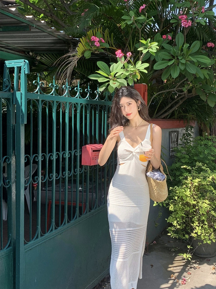 White French v-neck knitted slit suspender women's summer dress S5729