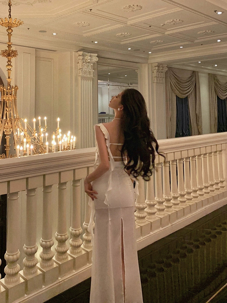 White satin suspender dress new ribbon backless split long party dress S5681