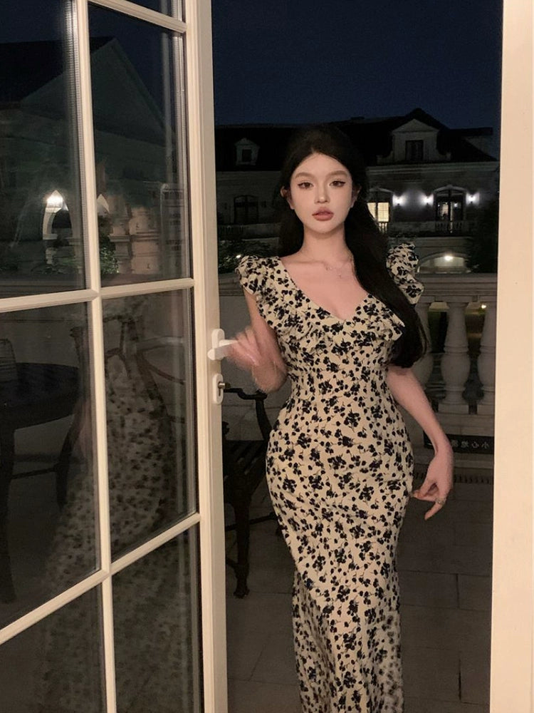 Ruffled V-neck floral dress for women new summer elegant long party dress S5809