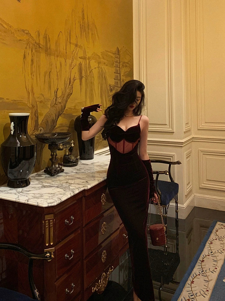 Red velvet suspender dress winter new banquet dress S5677