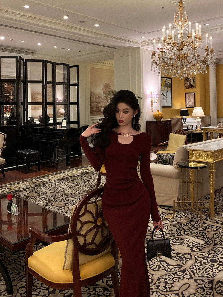 Red long-sleeved knitted dress party dress S5700