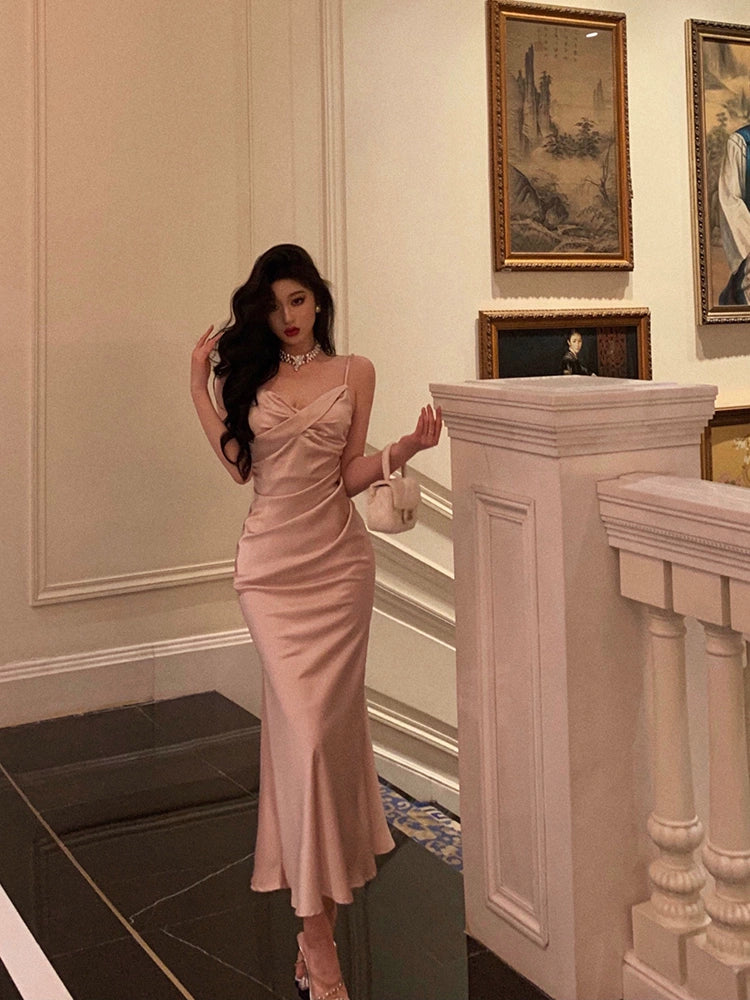 Pink satin suspender dress new style gentle mermaid party dress S5602