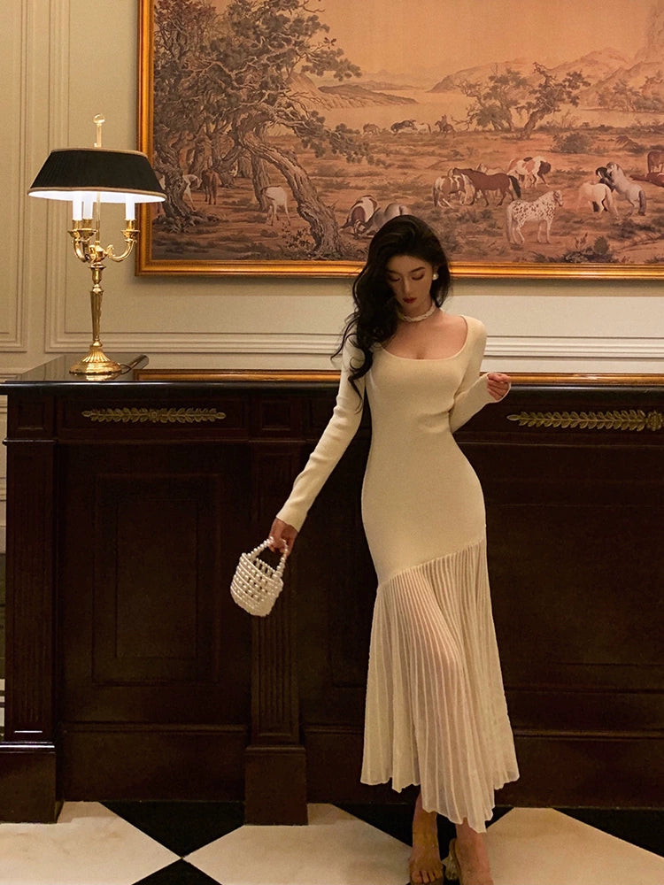 French U-neck knitted dress for women new style party dress S5660