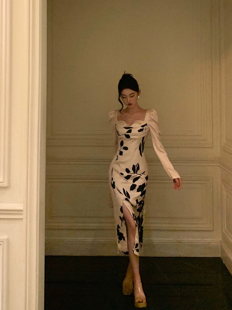 Retro satin dress for women new style ink print slit long party dress S5690