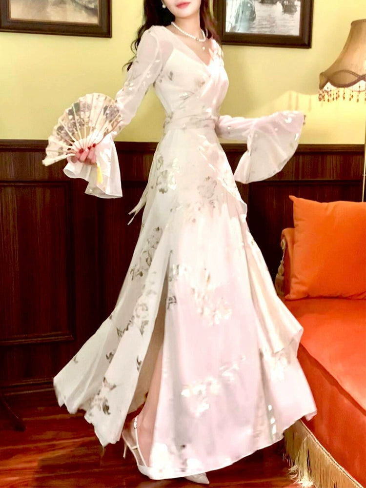 shimmering printed chiffon dress women 2025 long evening dress S6043