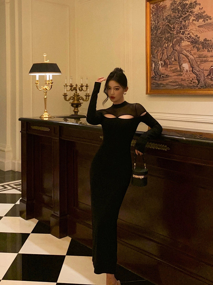 Black semi-transparent knitted dress new sexy party dress S5680