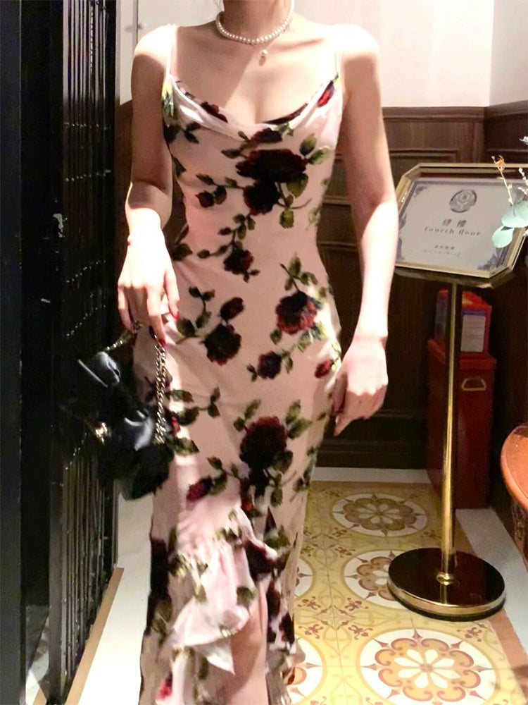 Retro flower dress for women suspender long dress S6143