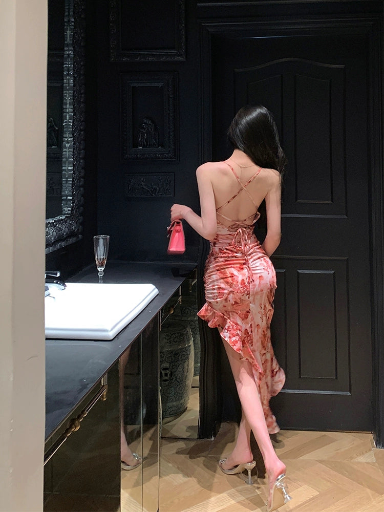 Irregular V-neck sexy floral suspender dress for women summer new party dress S5807