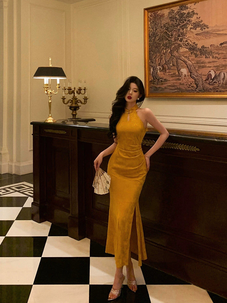 Gold jacquard long new halter neck slit cheongsam dress S5659