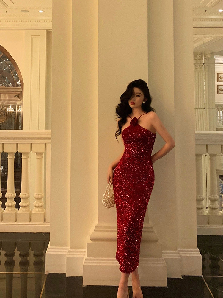 Banquet velvet sequined dress winter new sexy dress long party dress S5697