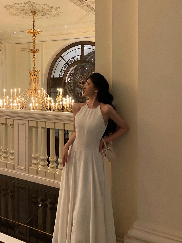 White halter neck dress for women new style A-line long dress party dress S5687
