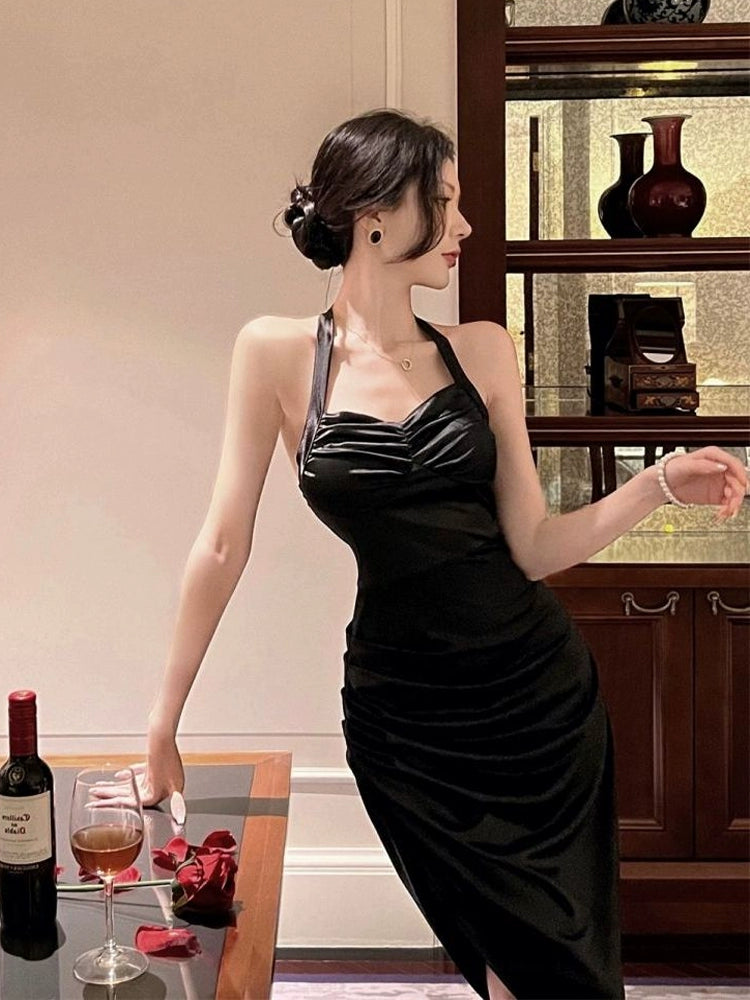 Irregular sexy backless halter neck suspender dress black evening dress S5796