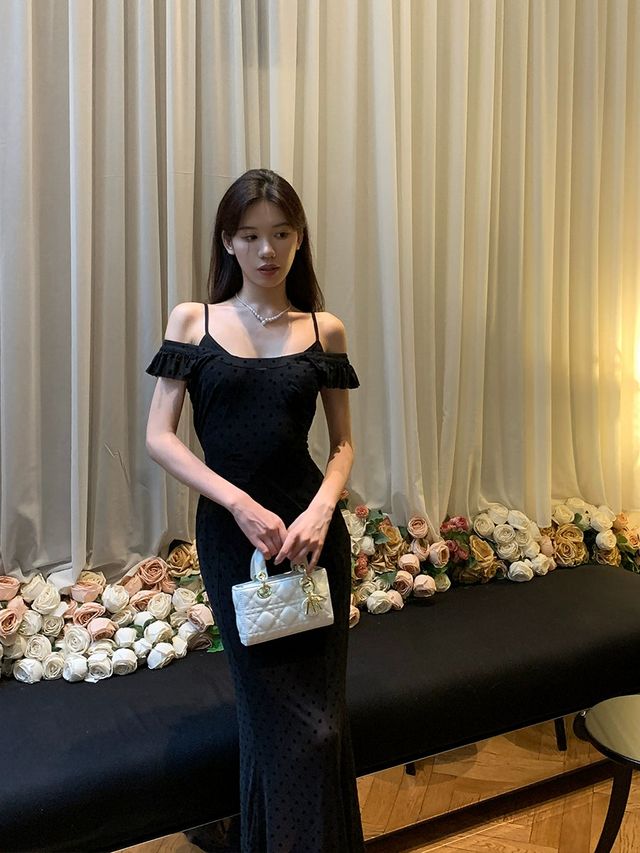 Black polka dot suspender dress women's chiffon sexy long party dress S5717