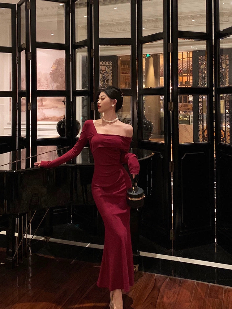 Red glitter dress new off-shoulder slit long party dress S5646