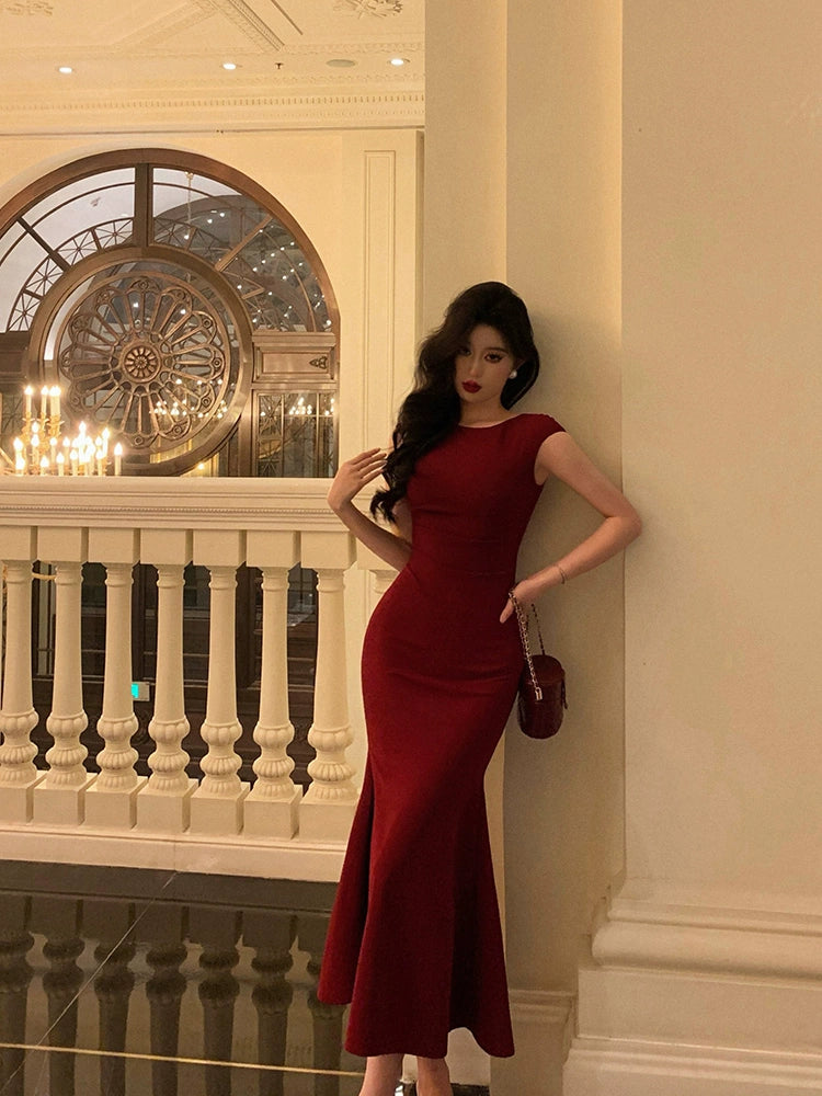 Red mermaid dress new retro style mid-length party dress S5692