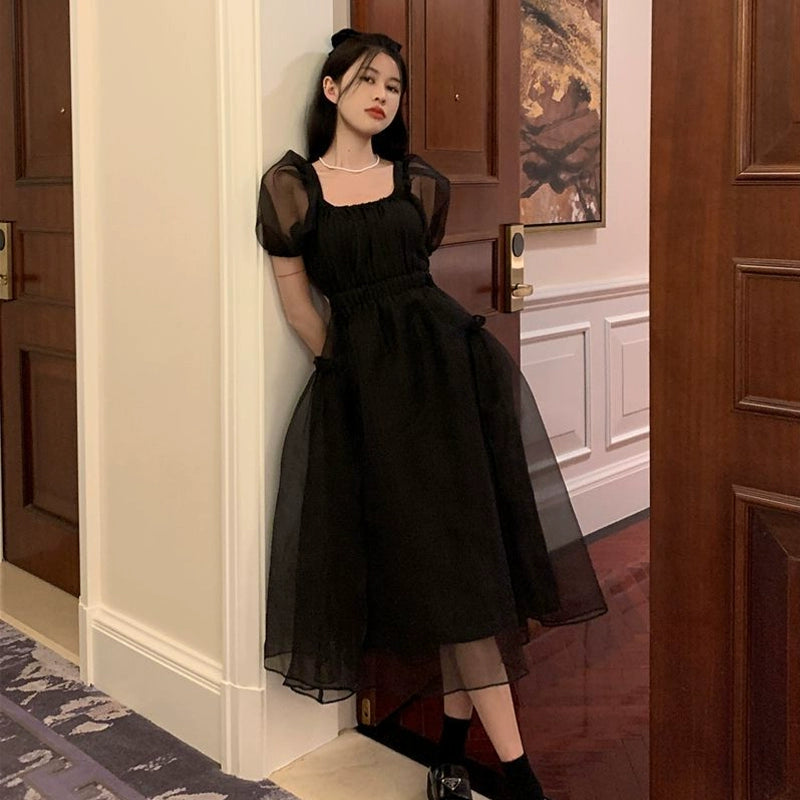 Princess Black Mesh Square Neck Puff Sleeve Dress S5795