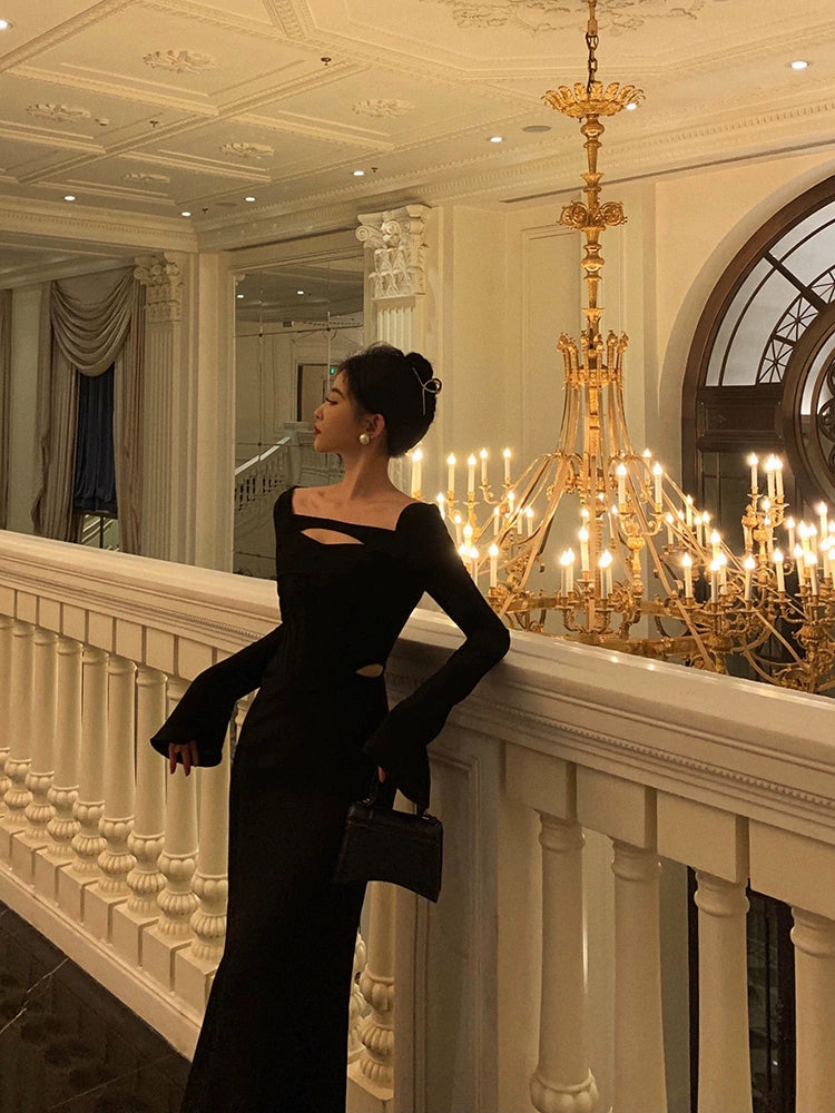 Black long-sleeved mermaid dress new style long dress S5599