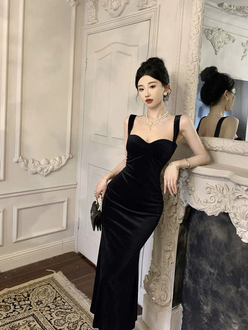 Birthday party dress banquet wine red velvet suspender dress S5822