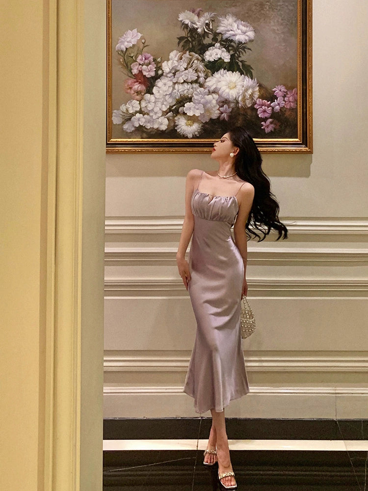 Purple satin suspender dress new mermaid party dress S5699