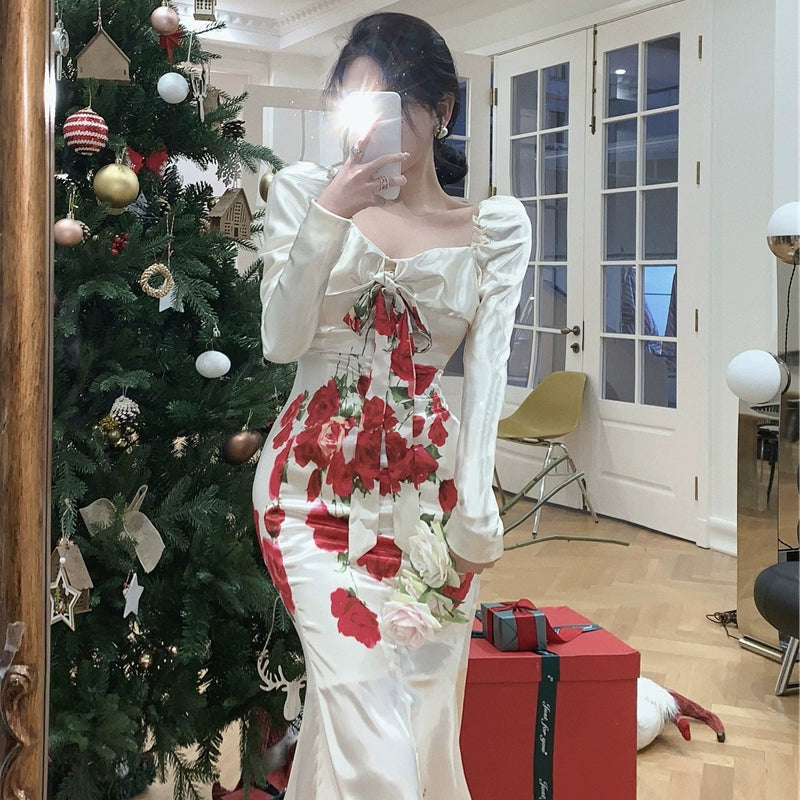 Birthday dress banquet satin mermaid long-sleeved floral dress S5783