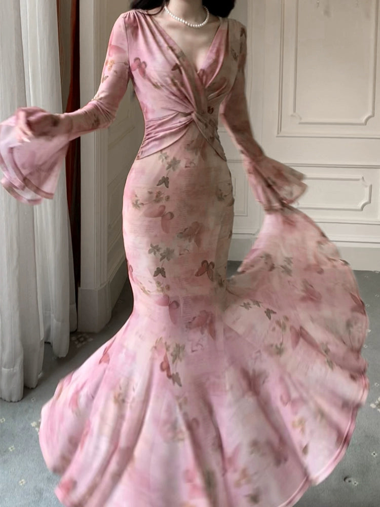 pink printed dress long sleeve mermaid Long Evening Gowns S6015