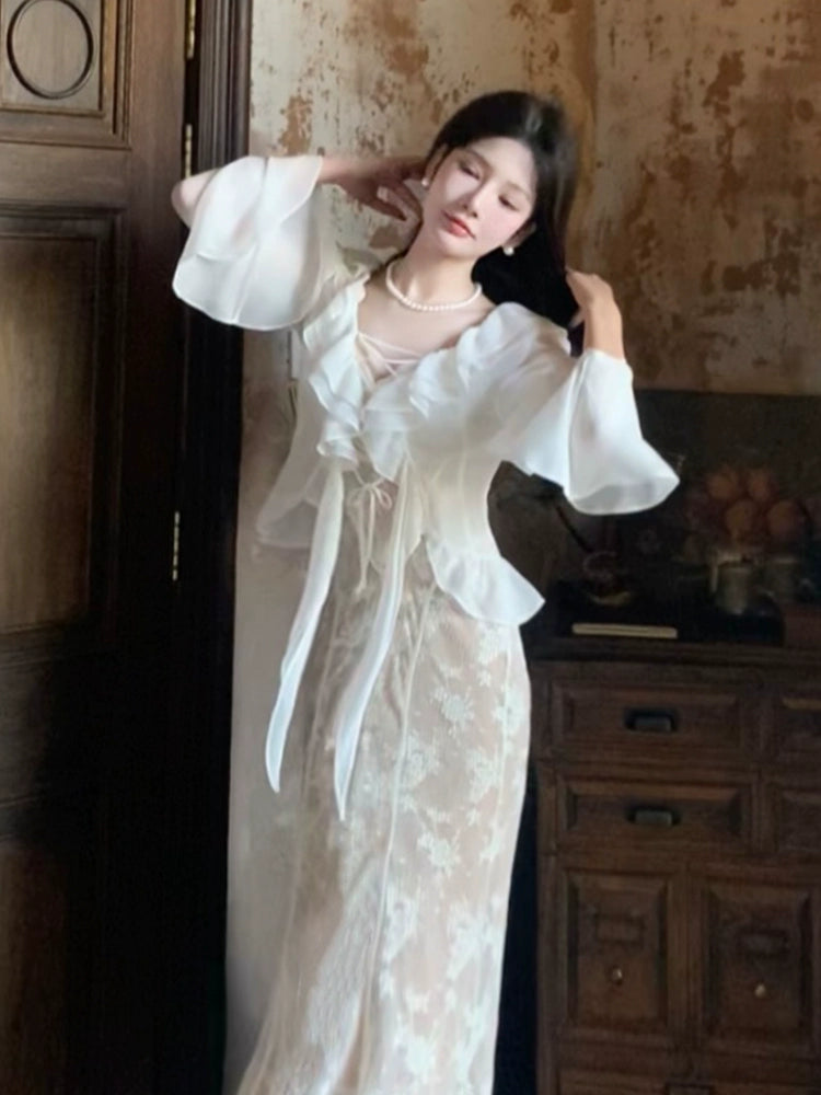 lace pleated suspender dress women's chiffon cardigan clothing suit S6137