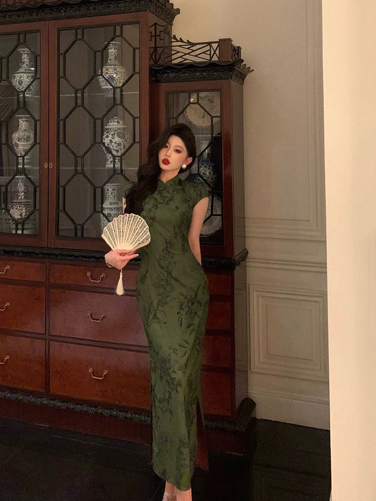 Short-sleeved cheongsam dress for women new retro jacquard slit long party dress S5667