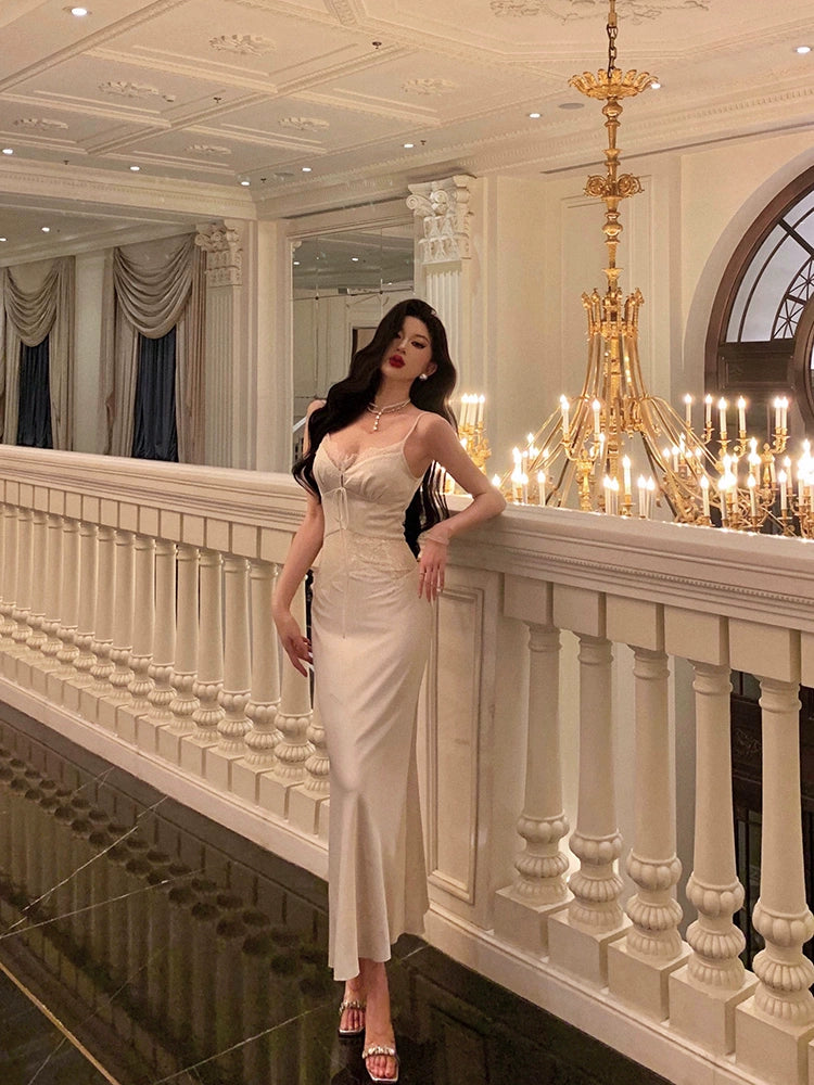 Satin suspender dress new lace splicing long party dress S5705