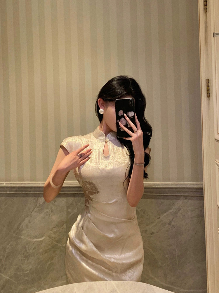 Satin cheongsam dress new style rose waist long party dress S5657