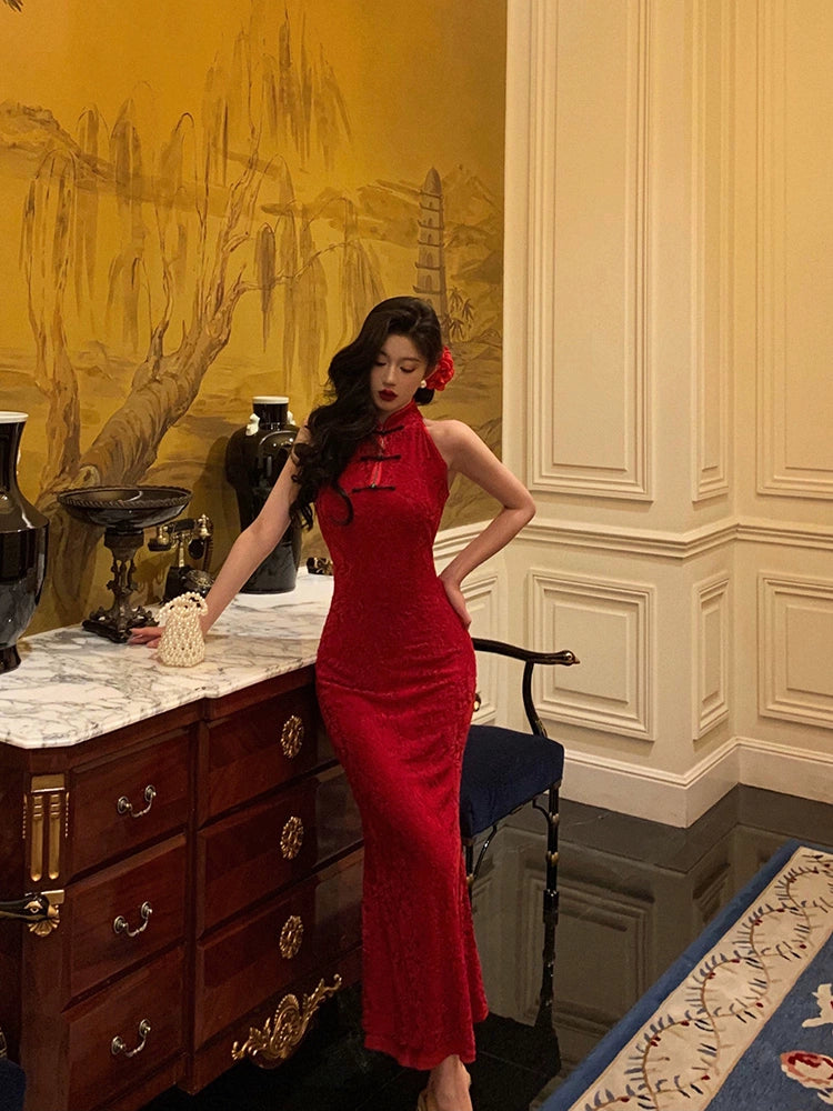 Red cheongsam dress new retro mermaid long party dress S5647