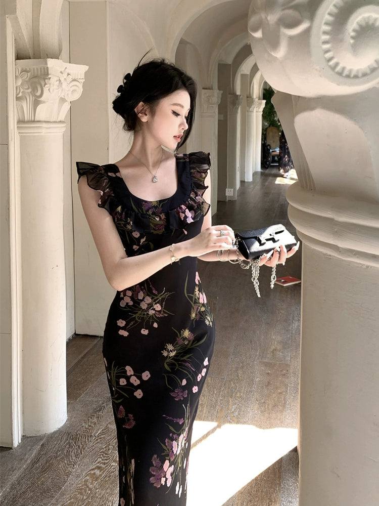 ruffled sleeves black floral dress summer long dress S5838