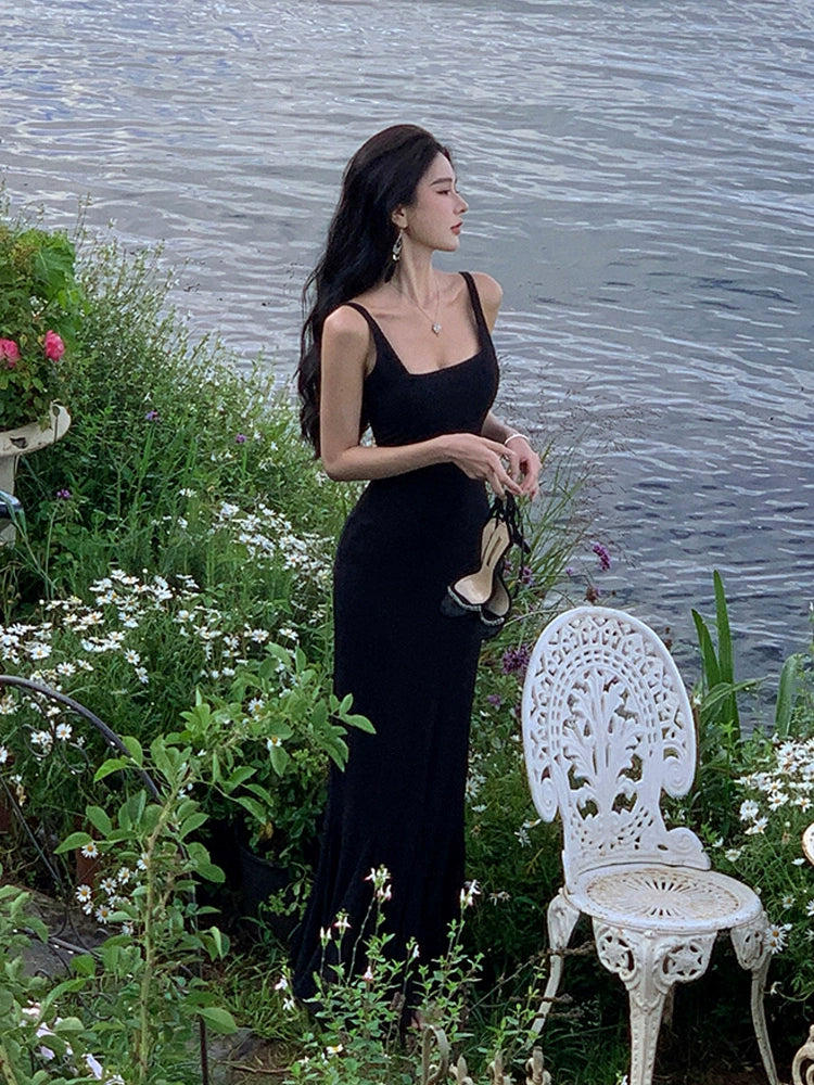 Sexy backless square neck black dress for women mermaid long dress S5865