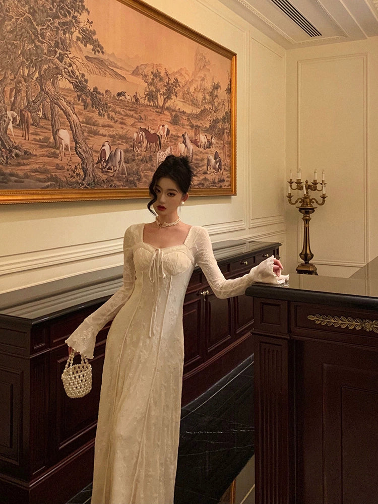 Retro dress women 2025 new lace splicing design long dress S5650