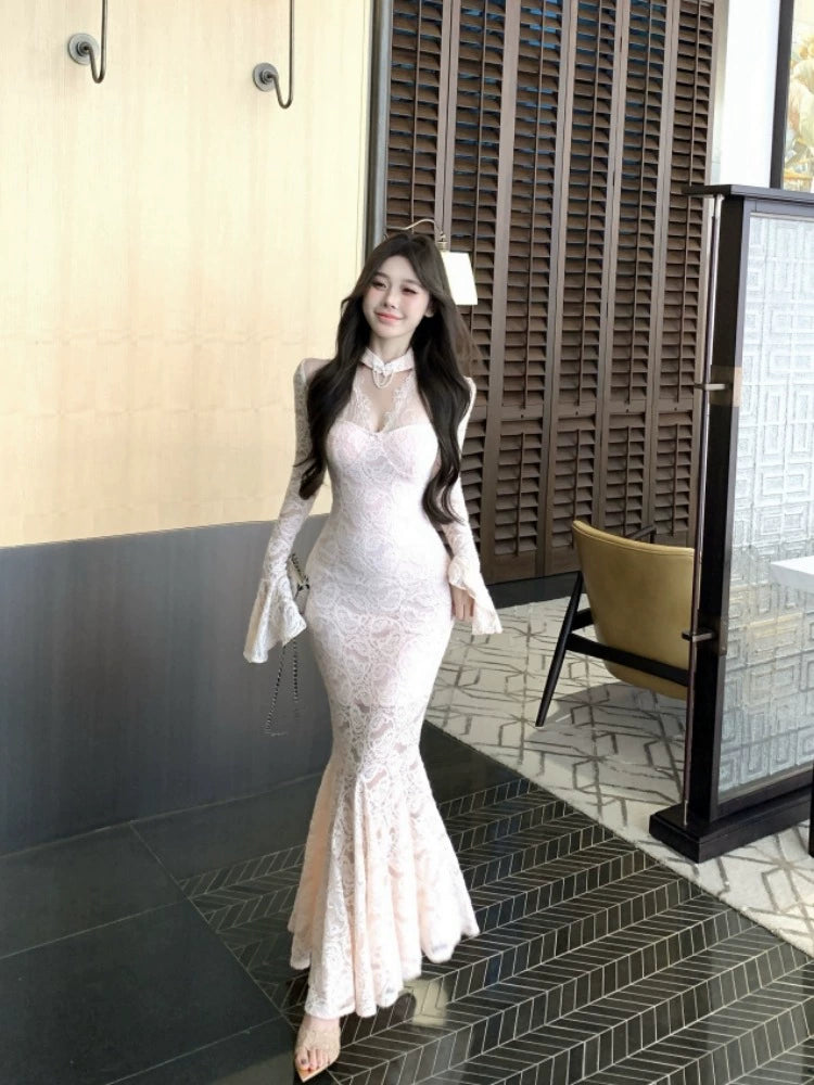 V-neck long-sleeved dress long sleeves mermaid long lace party dress S5908