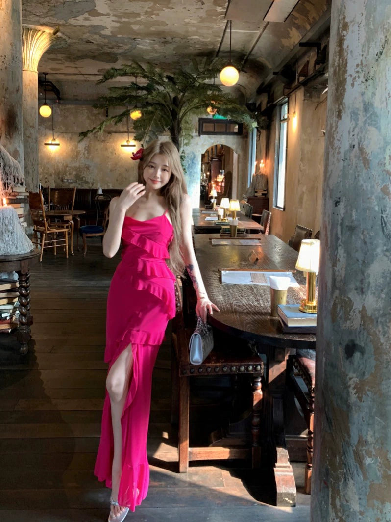 Hot pink ruffled dress summer sexy backless long party dress S5914