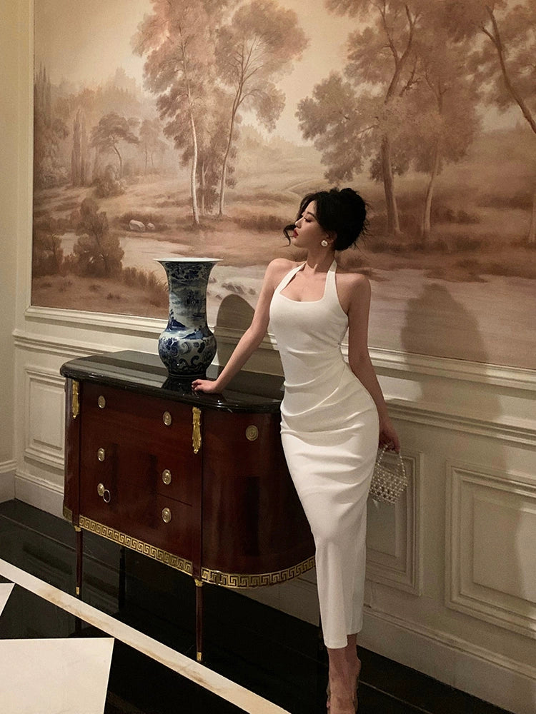 White halter neck dress summer new pleated party dress S5618