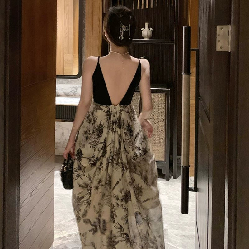 Ink painting splicing new Chinese style suspender dress sexy backless long dress S5806