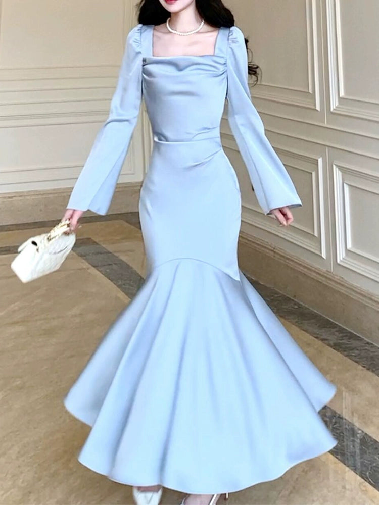 square neck satin dress new long sleeve party dress S6088