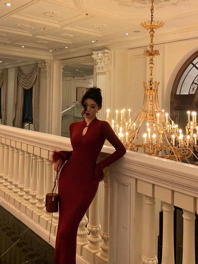 Red cheongsam style knitted dress winter new Chinese style long party dress S5633