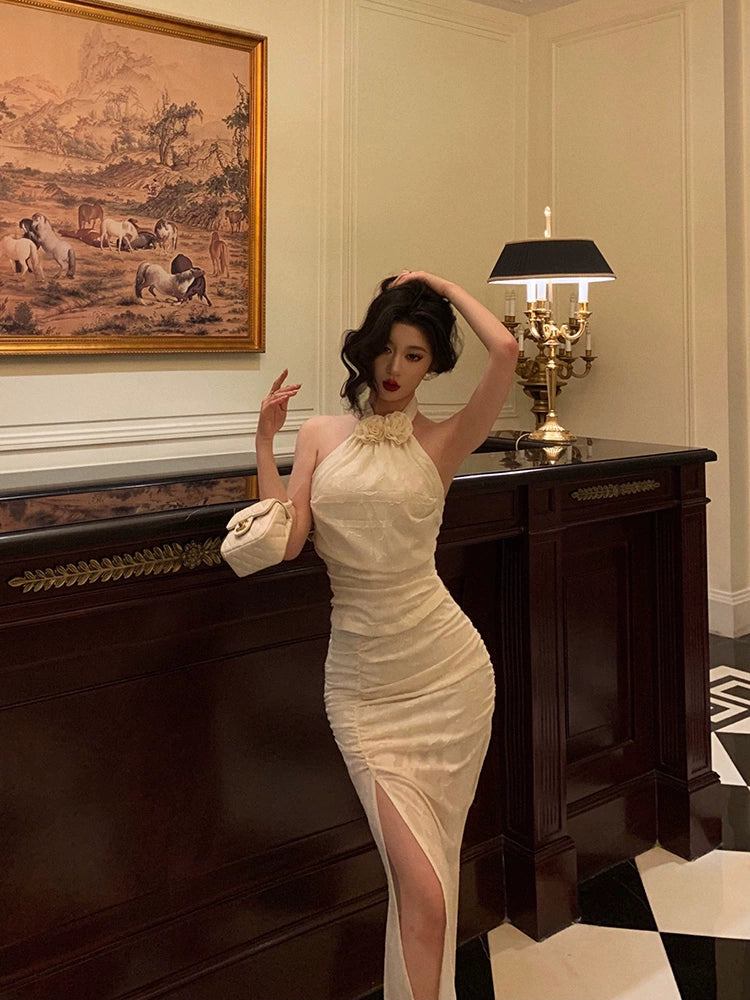 Flower lace halter neck top + pleated hip-wrapped slit skirt two-piece suit for women party dress S5701