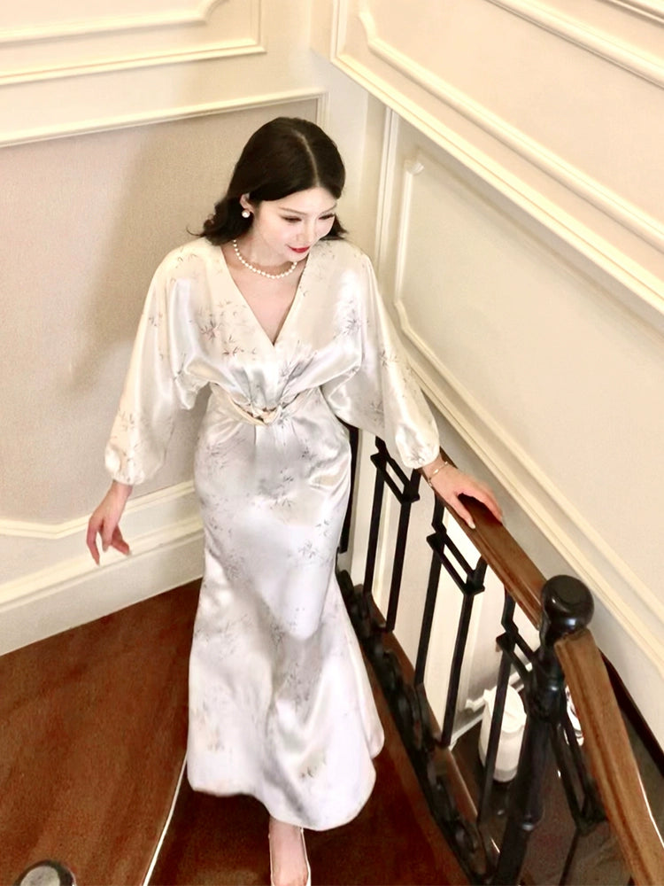 white long-sleeved satin dress long party dress S5971