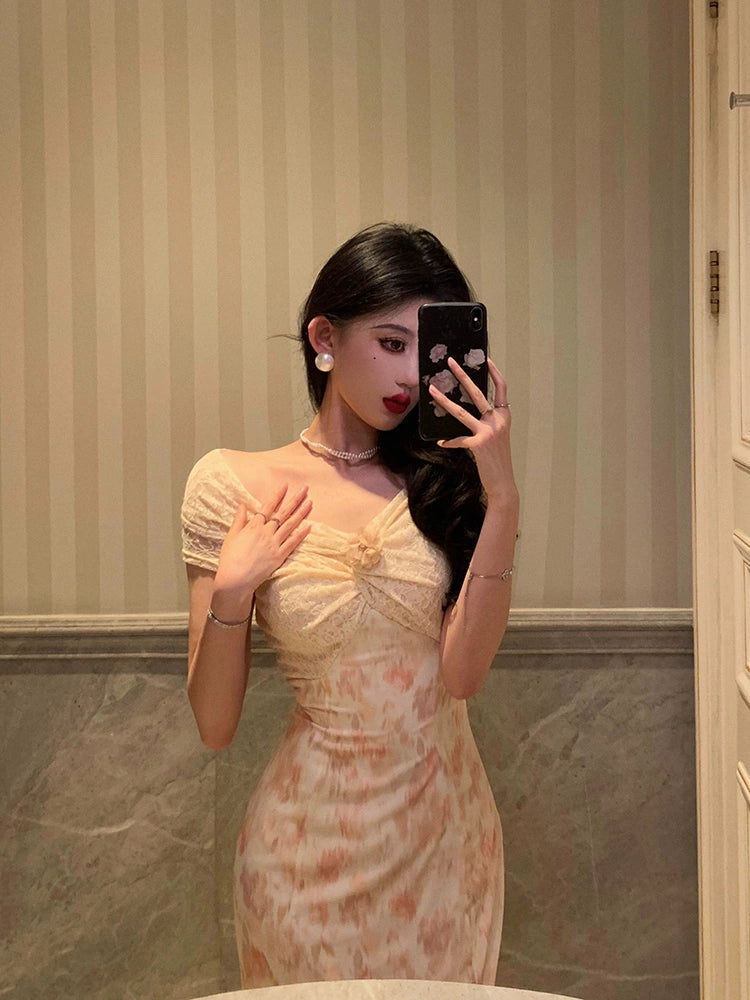 Lace splicing floral dress summer new off-shoulder party dress S5608