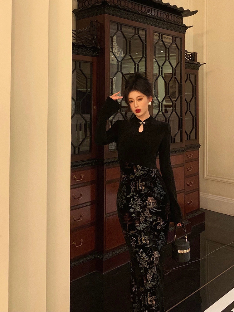 Velvet embroidered cheongsam dress for women new style national style party dress S5694