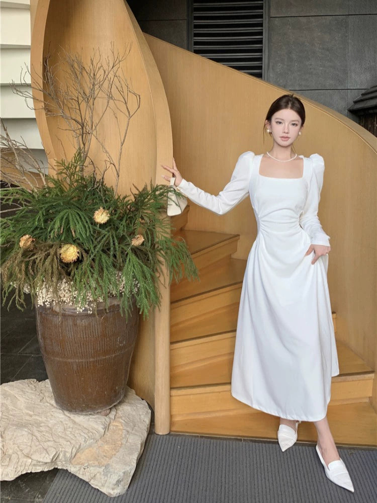 Square neck white long-sleeved dress for women birthday dress engagement dress S5881