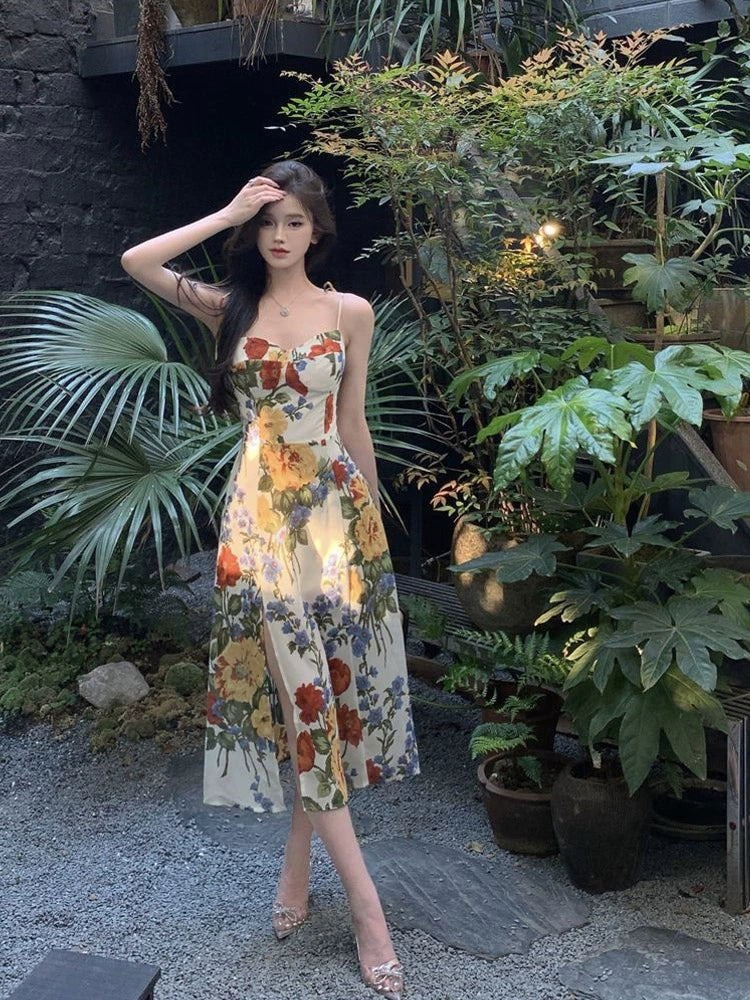 Seaside vacation floral suspender dress summer new slit long party dress S5808