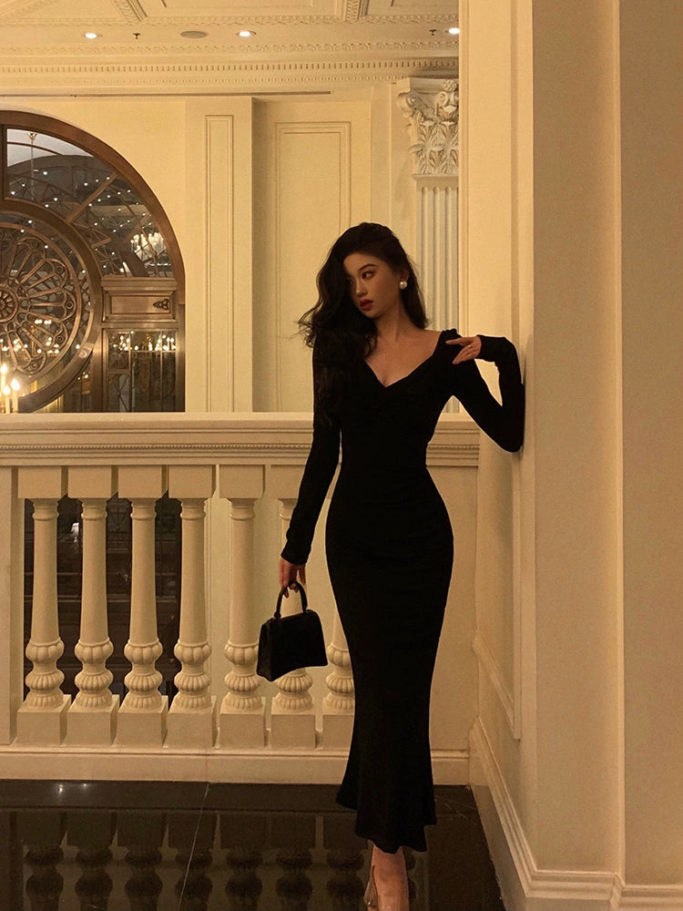 Black long-sleeved dress for women new party dress S5641