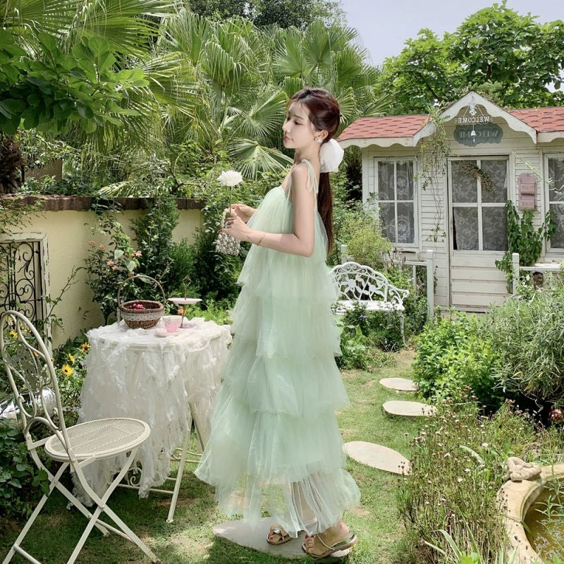 Green tulle dress for women summer new Multi-layer long dress S5863