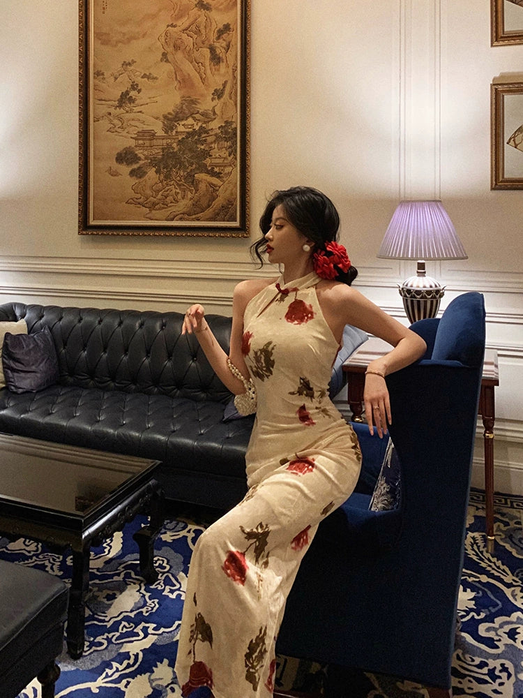 Chinese style velvet cheongsam dress for women new retro printed slit party dress S5658