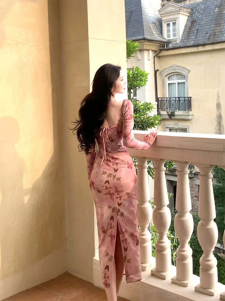 Retro Print Dress Butterfly Square Neck Puff Sleeve Elegant Long Dress S6030