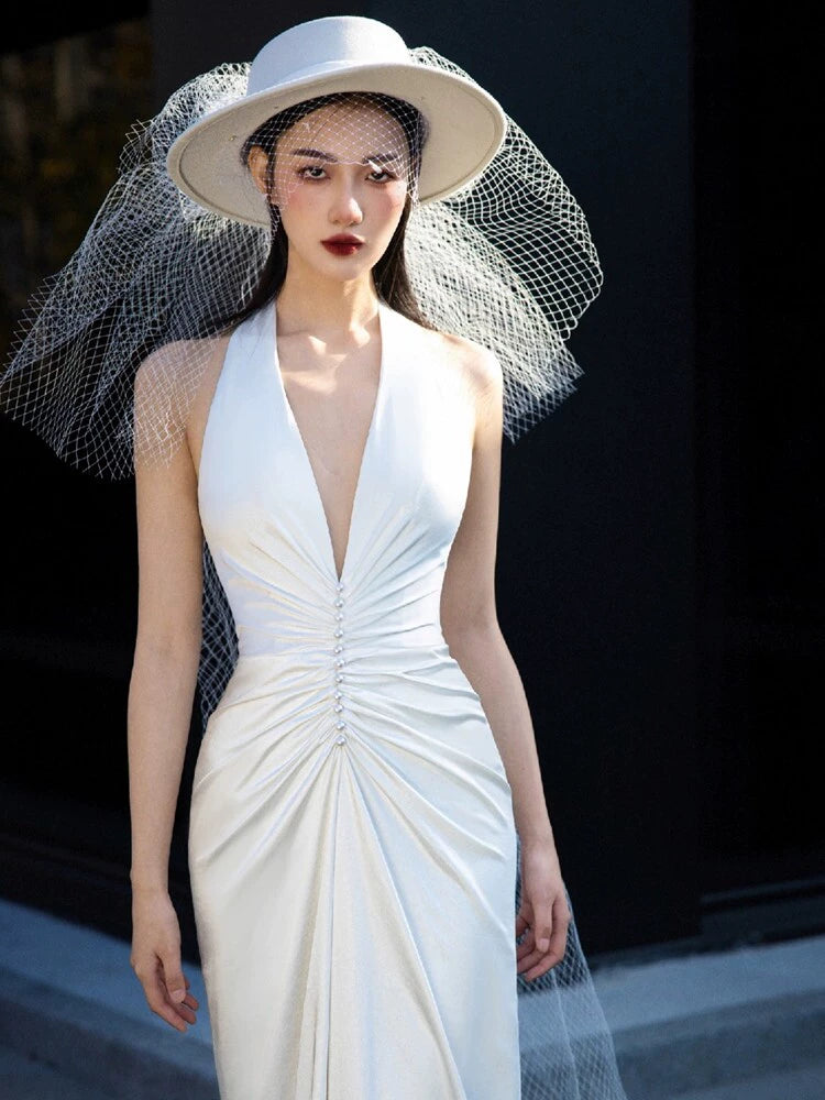 Engagement dress sexy deep V backless halter neck white dress S5871